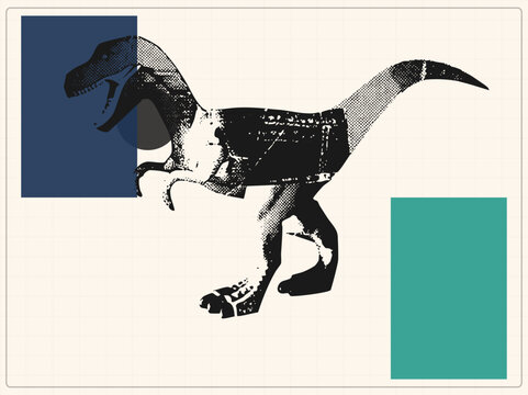 Stylized velociraptor in halftone/grunge style. Sharp claws, open jaw. Navy/teal geometric blocks with distressed ink and flat vectors for print or digital art.