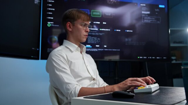 Dedicated programmer immersed in coding on a sleek computer setup featuring multiple screens during nighttime hours