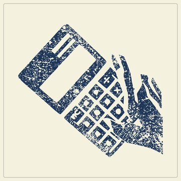Rough ink stamp style graphic of a hand a digital calculator. Grunge texture creates a vintage rubber stamp look. Features math symbols and worn edges for a retro aesthetic, suitable for edu