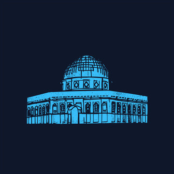 Cyan sketch of a ribbed dome dargah with diamond windows. Rough hatching on facade. High contrast black define and geometric against a dark void.