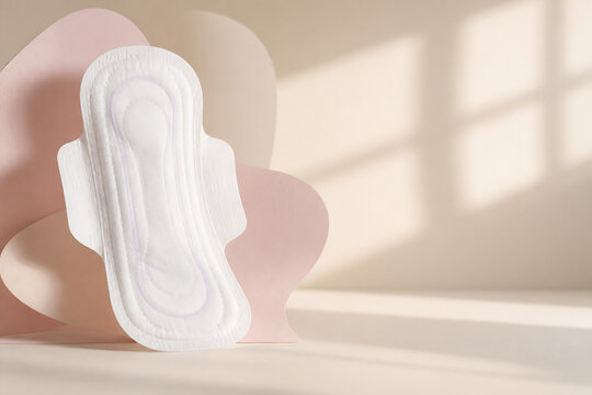 A white sanitary pad rests on a pink, curved surface in a brightly lit indoor setting.
