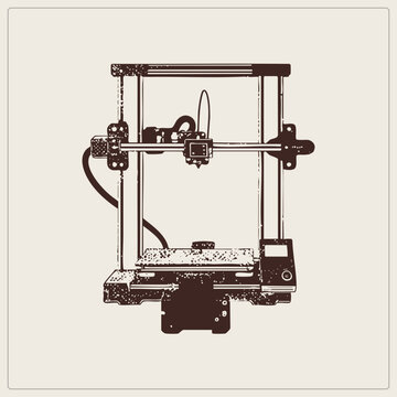 Vintage vector of a gritty 3D printer with open gantry, exposed wiring, and control panel. High contrast ink splatters and rough stencil edges evoke maker culture aesthetics.
