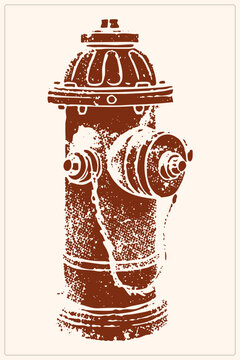 Vertical vector of a weathered, reddish brown fire hydrant with folk names "pumper" and "pi&ntilde;ata." Heavy stippling and grain create a vintage screen print aesthetic on the nozzle caps and bonnet.