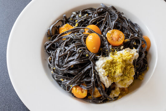 Squid Ink Linguine With Burrata And Pistachio