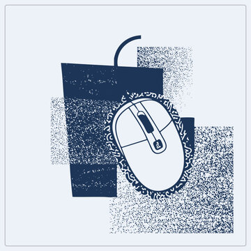 "A grunge styled computer mouse floats over rough speckled rectangles. This wired clicker features stencil textures and distressed grainy."