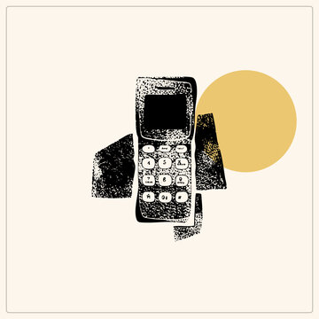 Stippled retro cell phone vector in gritty halftone style, featuring a classic brick phone and candybar silhouette beside a mustard sun disc. Nostalgic y2k throwback cutout with transparent background