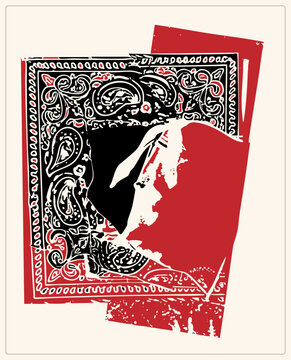 Distressed screen print artwork of a paisley kerchief, also known as a do rag or cowboy wild rag, folded at an angle. Grunge stencil style in bold red, black and cream tones with rough worn edges.