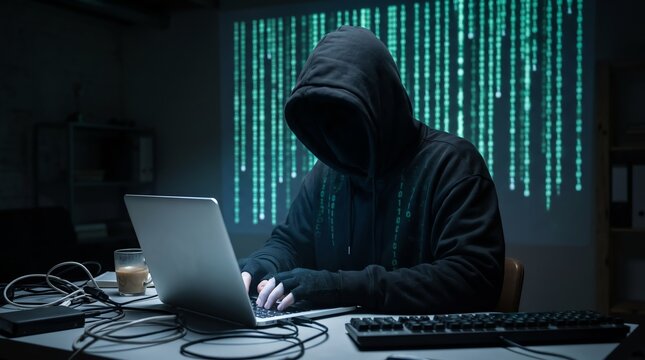 Hacker in dark room working on laptop with digital code background