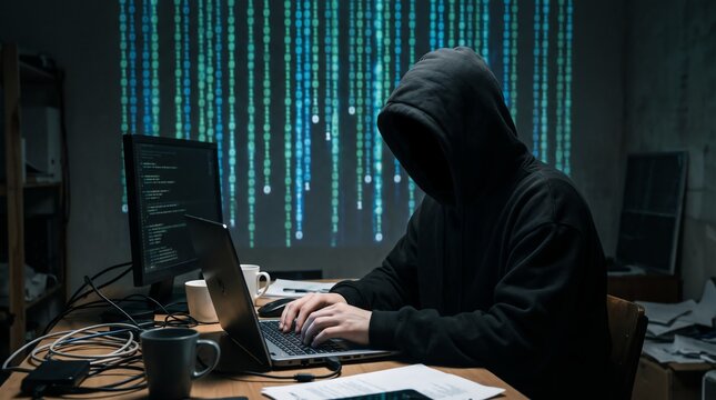 Hacker in dark room working on laptop with digital code background