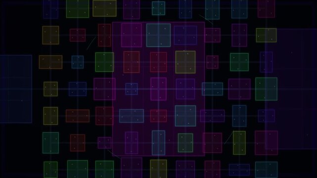 Colorful grid of rectangles on black background.