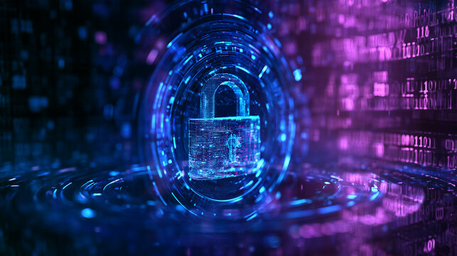 Cybersecurity concept, a glowing digital security padlock interface overlaid on a background of scrolling encrypted binary data matrix code, blue and violet tones