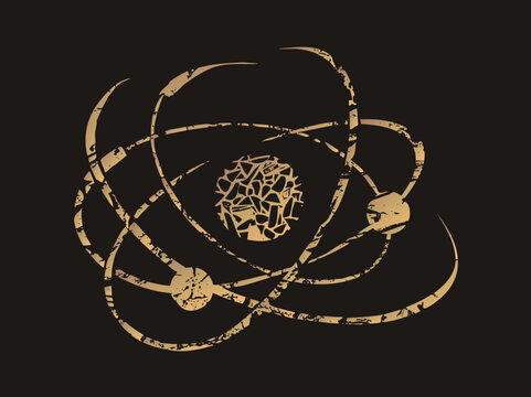 Vintage atom symbol, classic nuke and planetary model in grunge stencil style. Cracked electron swirl around a fragmented nucleus in warm gold on transparent background.