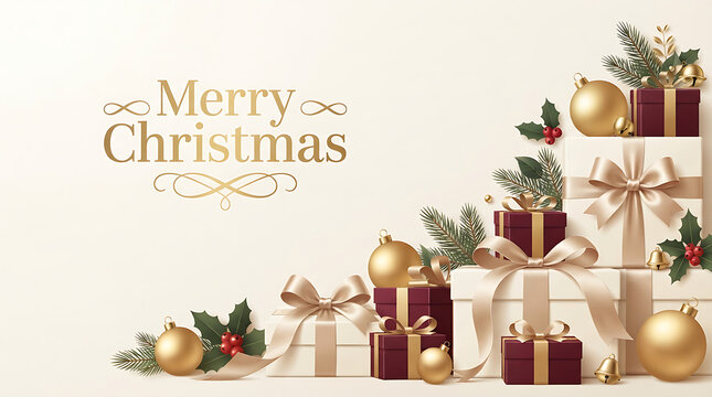 Elegant christmas background with stack of wrapped gift boxes and golden ornaments on a light wooden surface