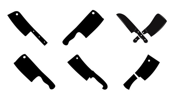 Collection of six black silhouettes of cleavers and knives, presented on a plain white background, offering versatile graphic elements for culinary themes and design projects.