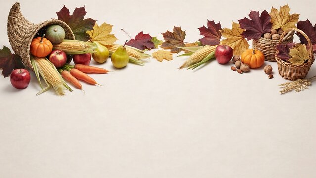 Thanksgiving cornucopia filled with fresh autumn vegetables, fruits, and nuts, with a basket of colorful maple leaves on a light beige background