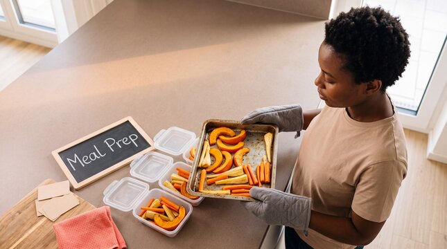 Frau f&uuml;llt ger&ouml;stetes Ofengem&uuml;se in Meal Prep Boxen