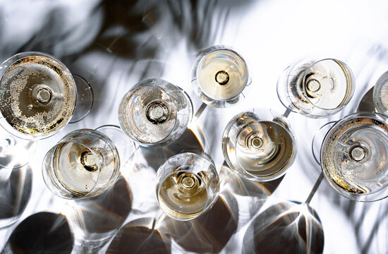 Exquisite Sauvignon Blanc white wine in glasses reflecting sunlight &mdash; sommelier rating event. Sancerre and Marlborough region tasting. Top view of premium flavor evaluation presentation.