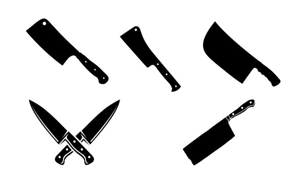 A collection of five black silhouette images of various knives, including cleavers and chef's knives, are arranged on a white backdrop, highlighting their distinct blade shapes.