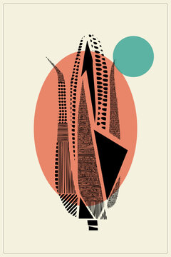 Stylized saguaro cactus in halftone dots and stripes rises against a oval, with a teal sun beside it a nopal inspired print blending midcentury shapes with folk art texture.
