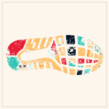 Grunge sneaker outsole footprint stamped in retro hues, showing worn rubber tread of a running shoe. The athletic bootprint sole leaves a distressed mark, evoking streetwear and sport energ