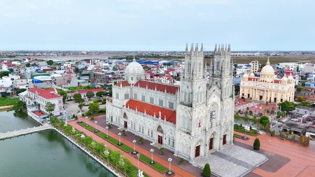 Aerial View of Kien Lao Parish Church in Xuan Truong, Nam Dinh, Vietnam, Showcasing Catholic Architecture and Surrounding Countryside