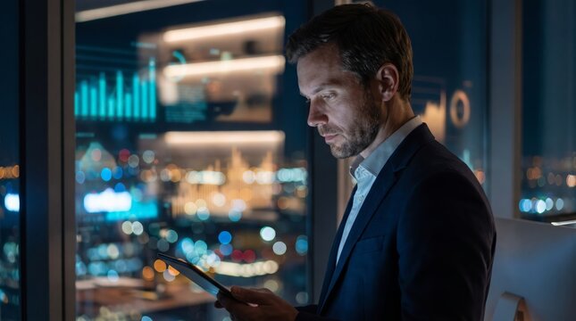 Executive reviewing tablet near office window