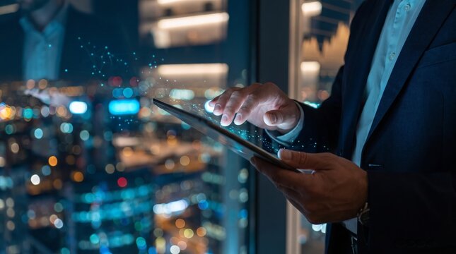 Businessman using tablet by city lights