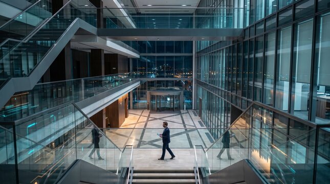 Executive walking through corporate atrium