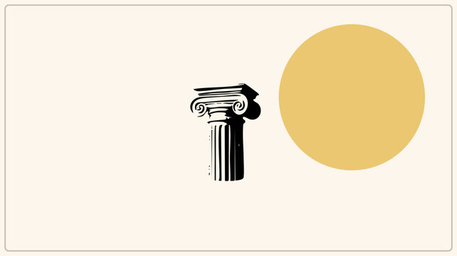 Classical Greek pillar with scroll volute capital stands beside a warm ochre sun disc. This antique column blends heritage stonework with minimal geometric design in black and gold.