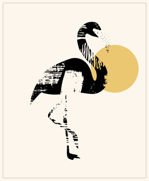 Stylized wading bird, or leggy flamant, in grunge black brush texture beside a mustard sun disc. Boho mid century silhouette with distressed speckled detailing and elegant curved neck.