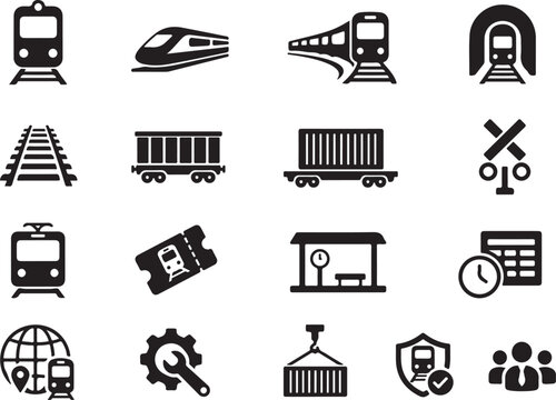 Flat design train and railway transportation icons set