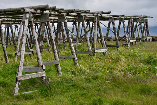 Traditional wooden fish-drying racks Gamli Akranesviti Lighthouse Akranes Western Iceland