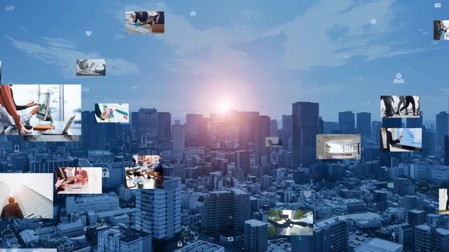 Cities and the business world. Human resources, management, society, teamwork, economy, politics, the future, outlook, prospects, development, construction.