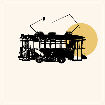 Grunge stencil silhouette of an old trolley car rolling past a warm ochre sun. Retro streetcar with pantograph arms, distressed urban transit art in black and mustard tones.