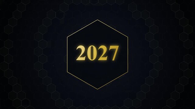 Dark hexagon pattern frames golden 2027 text. White "Happy New Year" completes the elegant message. Design radiates celebration and modern sophistication