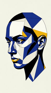 Geometric abstract portrait with bold blue, yellow, and black shapes forming a face, symbolizing modern art and design, showcasing creativity