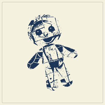 Worn rag doll in gritty grunge stencil style, patchwork body cracked like weathered cloth. This vintage toy, also called a cloth dolly or voodoo poppet, shows distressed navy ink on a cream backdrop