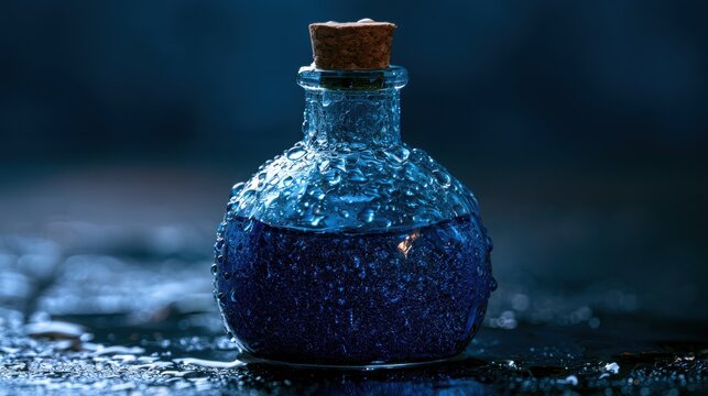 A small glass potion bottle filled with glowing blue liquid is covered in glistening water droplets under moody lighting. Ideal for fantasy magic and mystical alchemy themes.