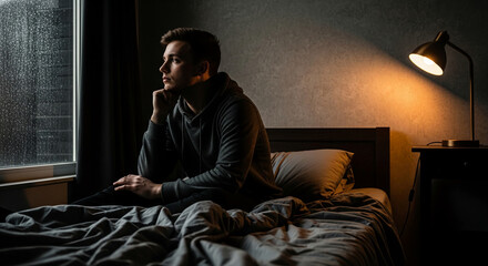 Fototapeta premium Young man in a hoodie sitting on a bed, looking out a rain-streaked window, symbolizing contemplation, introspection, and loneliness
