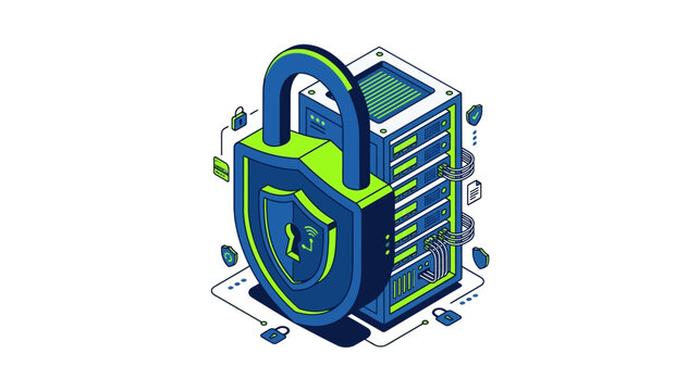 Isometric cybersecurity illustration featuring a large padlock and server rack for data protection and network safety concepts