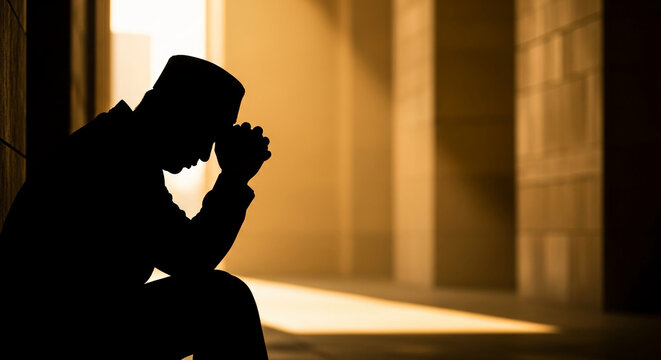 Silhouette of a person in prayer or contemplation, with warm light and shadow, symbolizing faith, introspection, and solemnity