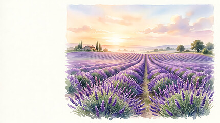 Obraz premium Watercolor Lavender Field at Sunset in Provence Countryside