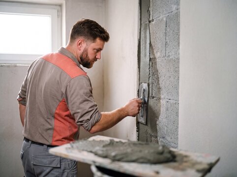 Handwerker verputzt Kellerwand mit Kelle im Innenraum