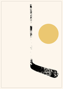 Distressed ice hockey stick with old biscuit stick, textured stencil style beside flat mustard puck. Midcentury poster aesthetic, grunge speckle, minimal retro palette.