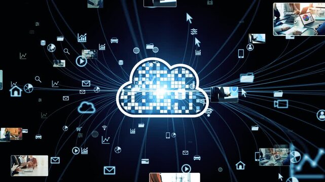 Cloud networks and business settings. Digital transformation (DX), IT, apps, systems, the future, cyber, corporations, the economy, and human resources.