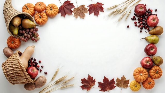 Thanksgiving cornucopia overflowing with fresh autumn harvest fruits, vegetables, and colorful fallen maple leaves on a white background