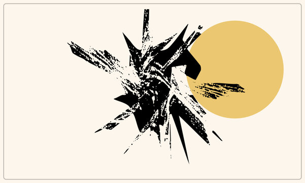 Jagged ink splatter bursting outward, a grungy shrapnel star colliding with a flat mustard sun disc. Rough stencil texture meets clean geometric circle in this explosive screenprint style composition.