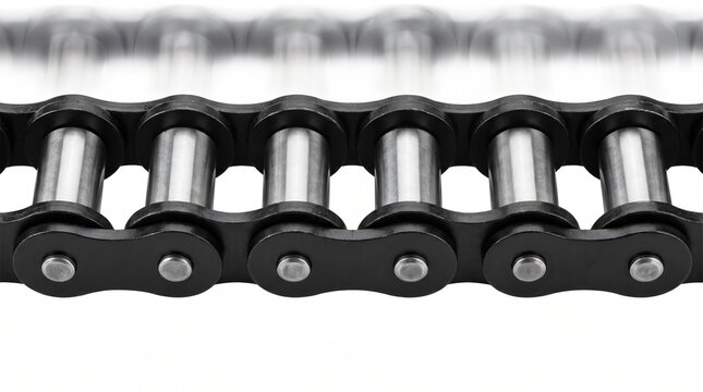 Industrial steel roller chain close up on white background