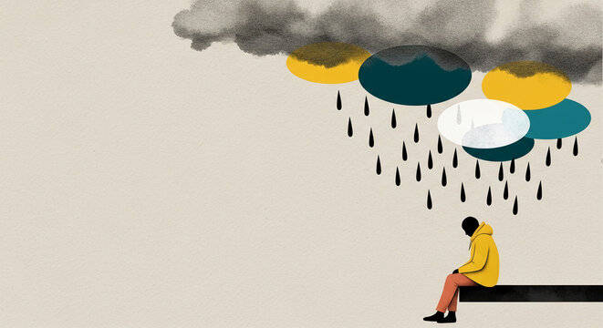 Illustration of a solitary figure in a yellow hooded jacket under a dark, stylized cloud with colorful drops, symbolizing isolation and a somber mood