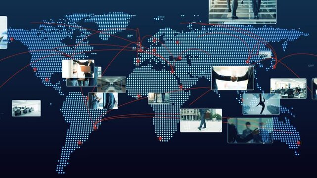 World map and business scenes. Global, network, economy, politics, finance, corporations, management, transactions, trade, trading companies.